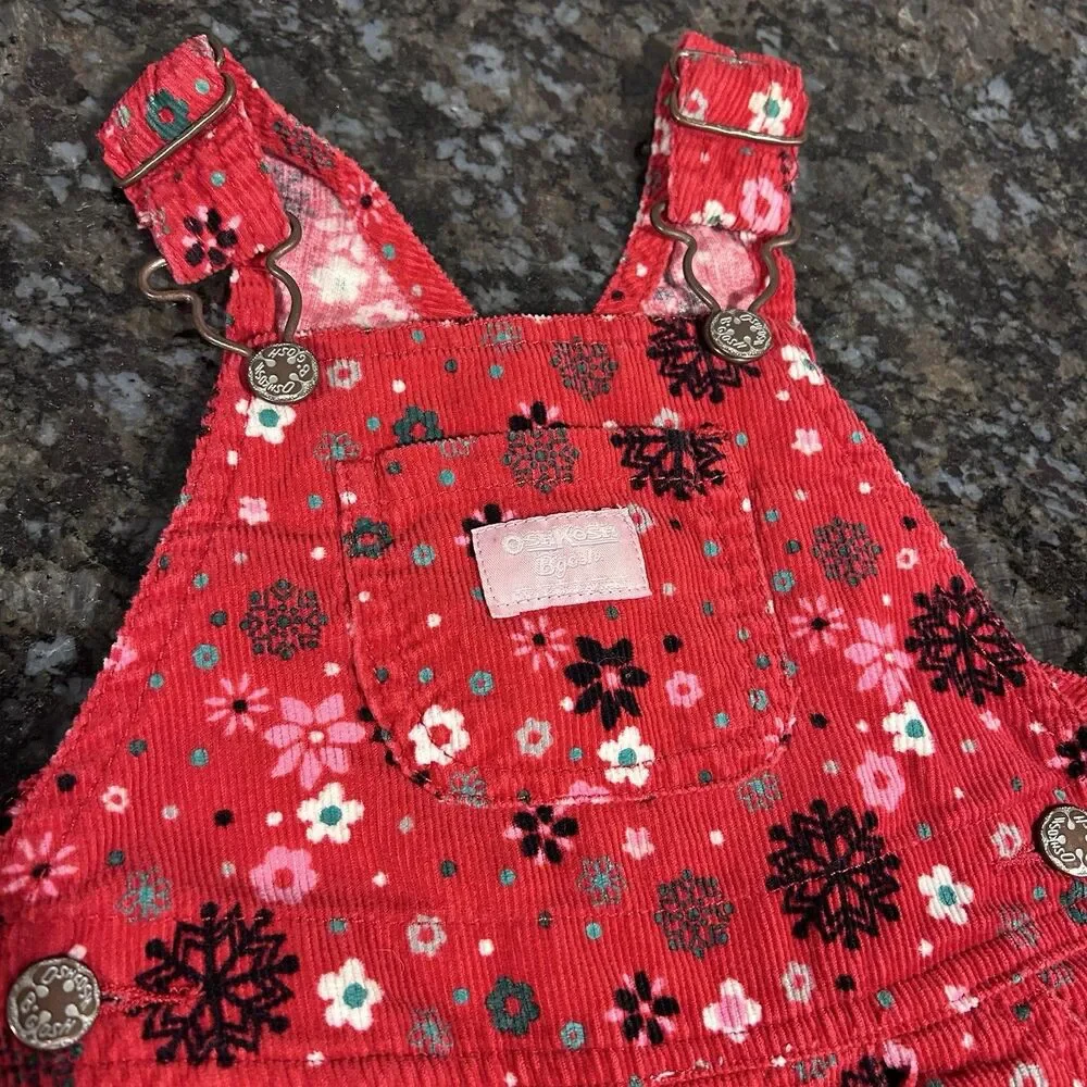 Vintage Oshkosh Floral Snowflake Red Overalls 100% Cotton Infant 9 M Corduroy